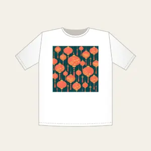 Coral and Gold Paper Lantern Night T-Shirt in white: Paper lanterns in coral and gold with fine strings across deep teal.
