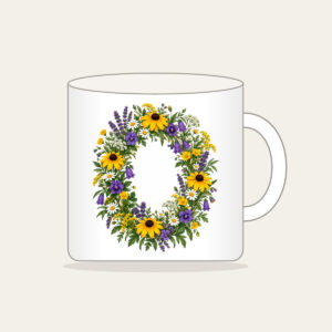 Oval Wildflower Wreath Mug in white: A bold oval wildflower wreath in yellow, purple and green sits at the centre.