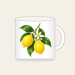 Lemon Branch in Blossom Mug in white: A single lemon branch carries two lemons, glossy leaves and a small blossom in lemon yellow, leaf green and cream.