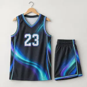 Children's charcoal V-neck basketball jersey and shorts with aurora bands