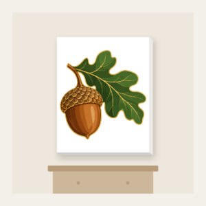 Gold-Outlined Acorn and Oak Leaf Canvas Print in white: A single acorn with an oak leaf in warm brown and green with a thin gold outline.