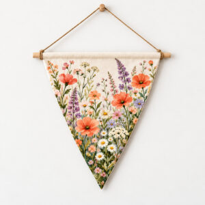 Meadow Pennant Hanging Banner with a single portrait pennant with a wildflower meadow in coral, lilac, green and cream, pointed lower edge, Triangular 10x12 style