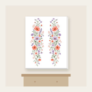 Drifting Wildflowers in Coral and Lilac Canvas Print in white: Wildflowers in coral, lilac and sage drift in long lines across the artwork.