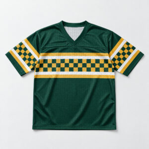 Checker Stripe Mesh Football Jersey with small checkers framed by white stripes in forest green and gold across the sleeves and chest