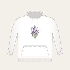 Lavender Stems and Two Butterflies Hoodie in white: Tall lavender stems rise beside two small butterflies in violet, cream and sage.