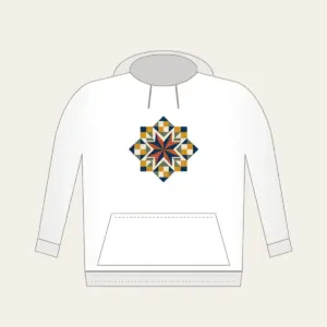 Star Medallion Patchwork Hoodie in white: An eight-point star medallion in navy, cream and rust with mustard and sage patchwork squares.