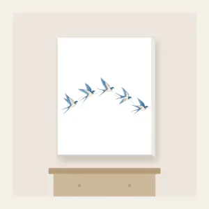 Five Swallows in a Gentle Arc Canvas Print in white: Five swallows in cream and sky blue fly in an arc along a fine dotted trail.