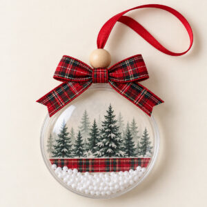Red Plaid Clear Christmas Bauble with printed band of red plaid across the middle of a clear bauble with a tiny pine-tree scene above