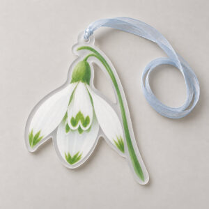 Frosted Snowdrop Ornament with a snowdrop flower with white petals, green tips and a pale blue stem, drawn with soft frost texture