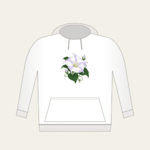 Moonflower on Deep Green Hoodie in white: One large moonflower in white and lavender glows against a deep green ground.