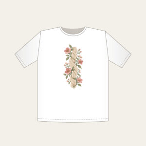 Cable Pattern Twined with Little Flowers T-Shirt in white: A flat cable pattern entwined with small flowers in oatmeal, sage and rose.