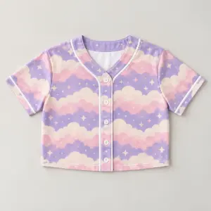Cloud Rows Crop Baseball Jersey with White Buttons with all-over cloud rows in lilac, blush and cream with small stars