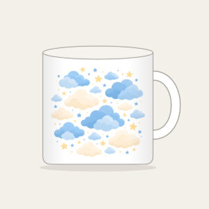 Cloudy Night Sky with Tiny Stars Mug in white: Gentle clouds and tiny stars drift across blue and cream.