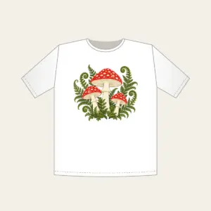 Red Toadstool Trio with Curling Ferns T-Shirt in white: Three red-capped mushrooms with curling ferns in cream, red and moss green.