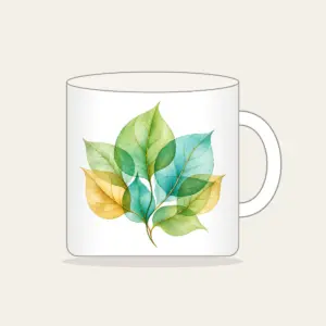 Overlapping Translucent Leaves Mug in white: Translucent leaves overlap in green, aqua and gold.