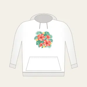 Coral Hibiscus Palm Sorbet Pattern Hoodie in white: Coral hibiscus blooms and palm leaves in mint and lemon spread across a cream field.