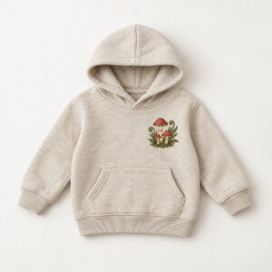 Mushroom Meadow Toddler Hoodie with small chest print of three red-capped mushrooms with curling ferns in cream, red and moss green