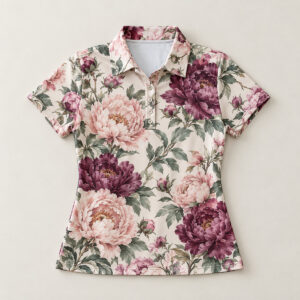 Women's Midweight Peony Polo with all-over peony clusters in blush, plum and sage