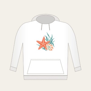 Starfish, Spiral Shell and Sea Grass Hoodie in white: A starfish, a spiral shell and a sprig of sea grass in coral, cream and teal.