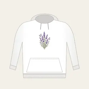 Lavender Stems and Two Butterflies Hoodie in white: Tall lavender stems rise beside two small butterflies in violet, cream and sage.
