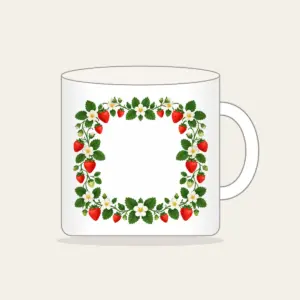 Strawberry and Blossom Border Mug in white: A border of strawberries and blossoms in red, cream and green surrounds a plain center.