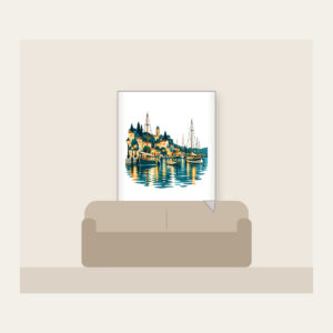Harbour Lanterns and Masts Fleece Blanket in white: Harbour lanterns, masts and ripples in teal, amber and cream.