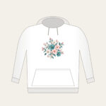 Teal Blossom Scatter Hoodie in white: Small blossoms in teal, white and pale pink scattered across a pale grey ground.