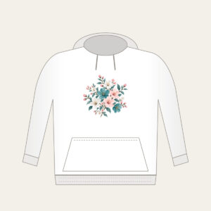 Teal Blossom Scatter Hoodie in white: Small blossoms in teal, white and pale pink scattered across a pale grey ground.