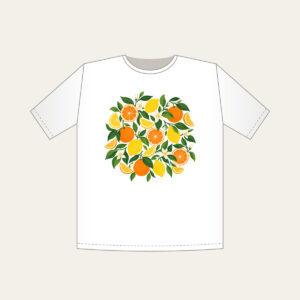 Citrus Slice Sorbet Pattern T-Shirt in white: Citrus slices and leaves in orange, lemon and green spread across cream.