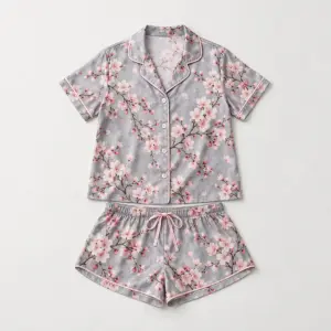 Cherry Blossom Satin Short Pajama Set with cherry blossom branches in pink and white on soft grey