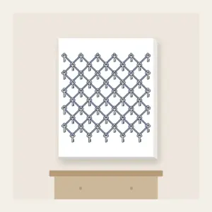 Navy Lattice with Tiny Keys Canvas Print in white: A lattice of thin navy lines on cream, with a tiny repeating key motif.