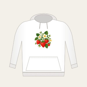 Strawberry Cluster with Blossoms Hoodie in white: A cluster of ripe strawberries with white blossoms and tiny leaves in red, green and cream.