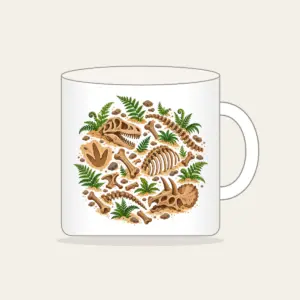 Dinosaur Bones and Fern Dig Scene Mug in white: Dinosaur bones and curling ferns lie scattered across warm sand in earthy brown and green.