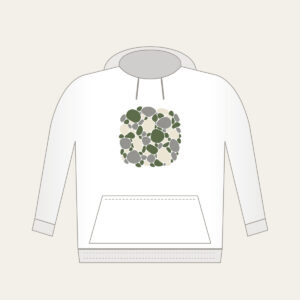River Stones in Moss and Grey Hoodie in white: Smooth river stones in moss green, grey and cream are traced with fine white outlines.