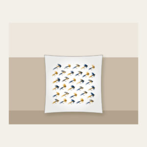 Trout Flies in Diagonal Rows Pillow in white: Tiny trout flies lined up in diagonal rows in navy, gold and cream.