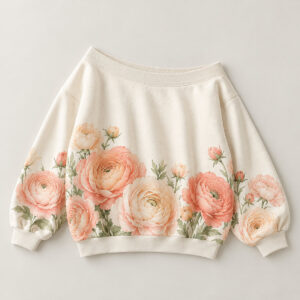 Ranunculus Hem Off-Shoulder Sweatshirt with oversized ranunculus blooms in peach and blush clustered along the hem