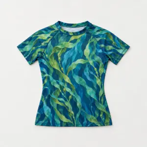 Kelp Forest Short Sleeve Rash Guard with all-over swaying kelp ribbons in green and teal on deep blue