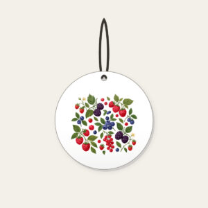 Wild Berries and Leaves Ceramic Ornament in white: A scatter of wild berries and leaves in plum, red and green on cream.