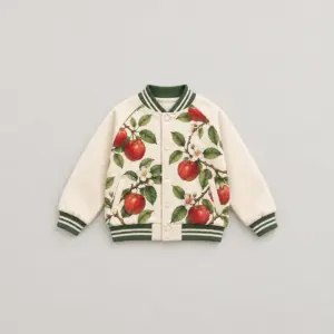 Apple Orchard Kids Jacket with all-over apple branch panels with red fruit and green leaves on the body and cream sleeves