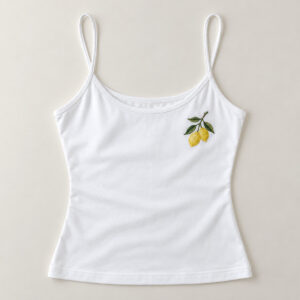 Embroidered Lemon Branch Tank with small embroidered lemon branch with two lemons and leaves at the left chest in yellow and green thread