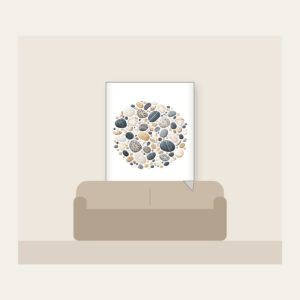 Beach Pebbles and Tiny Shells Fleece Blanket in white: Pebbles and tiny shells in sand, slate and white are scattered across the artwork.