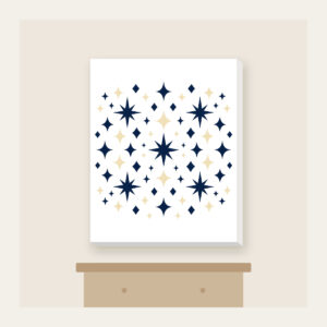 Navy and Cream Diamonds and Stars Canvas Print in white: Diamonds and stars repeat across the artwork in navy and cream.