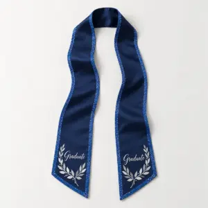 A navy graduation stole with narrow blue glitter edge trim and printed Graduate lettering.