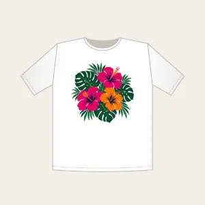 Hibiscus and Monstera Midnight T-Shirt in white: Magenta and orange hibiscus flowers with deep green monstera leaves on a navy base.