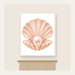 Scallop Shell Holding a Pearl Canvas Print in white: A scallop shell holds a single pearl in blush and sand tones.