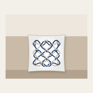 Navy Rope Knot Lines Pillow in white: Rope knot lines weave across the artwork in navy and cream.
