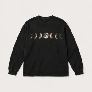 Bleach Moon Phases Long Sleeve Tee with bleach-effect row of seven visible moon phases across the chest in off-white and faint rust