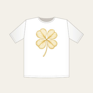 Four-Leaf Clover Botanical Plate T-Shirt in white: A four-leaf clover with its roots, drawn in cream and gold line art in the style of a botanical plate.
