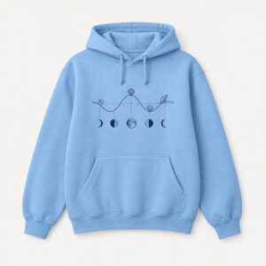 Tide Chart Pullover Hoodie with chest print of a tide-chart curve with tiny shells and a row of five moon phases beneath it, navy line art