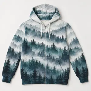 Misty Pines Zip Hoodie with rows of pine silhouettes fading into mist in slate, teal and white